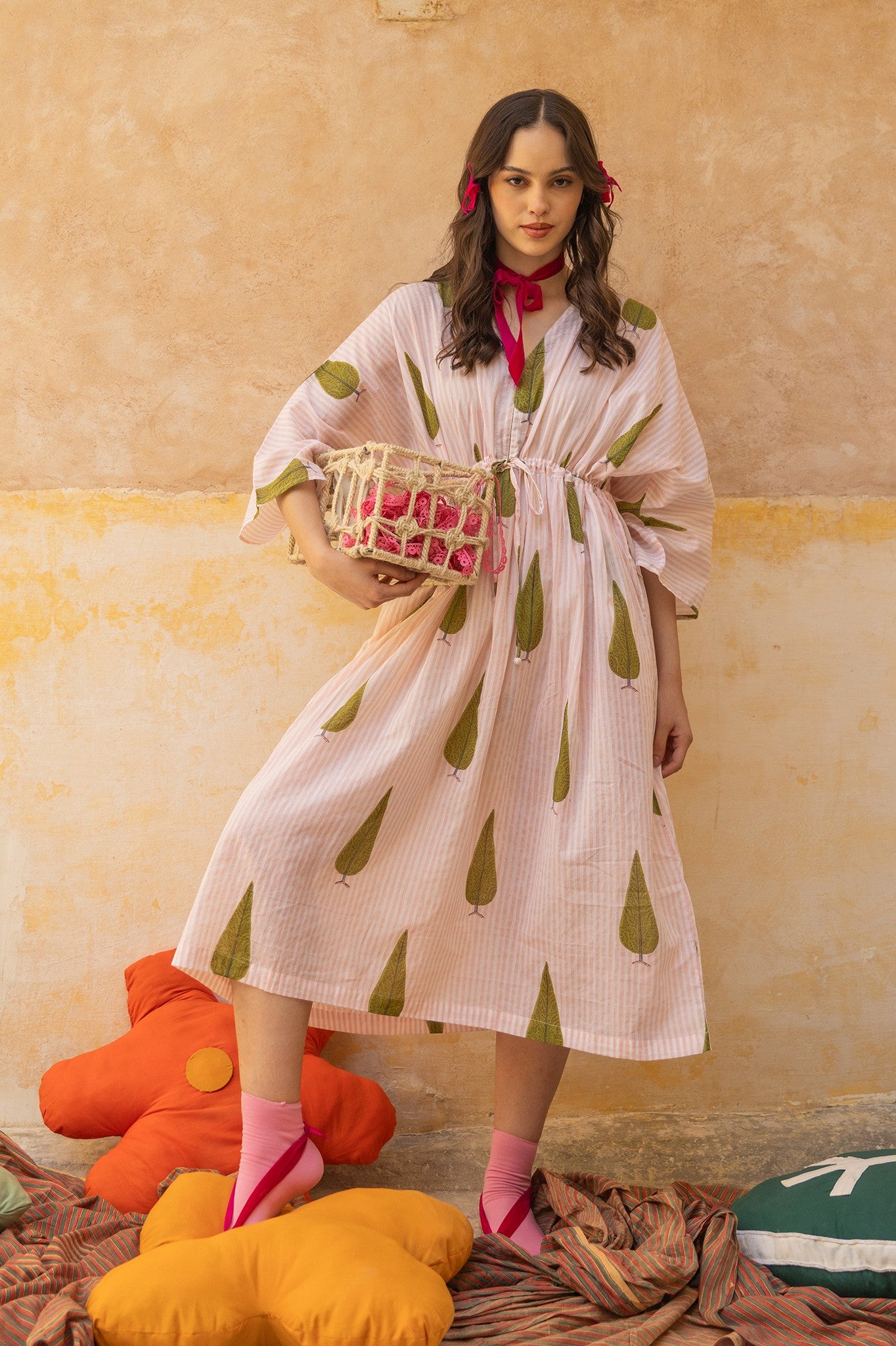 Hand-Block Printed Moonflower Floral Summer Loungewear Kaftan Cotton Dress