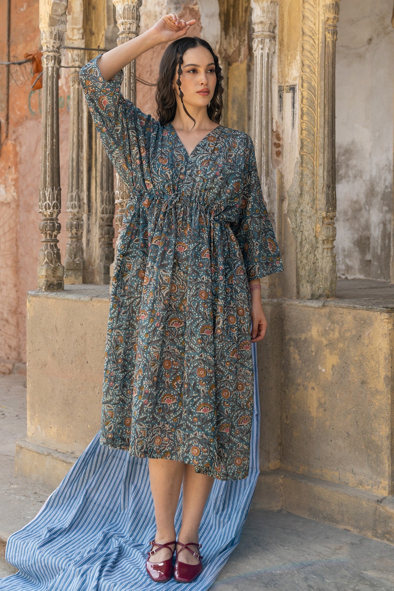 Hand-Block Printed Dot Bloom Floral Summer Loungewear Kaftan Cotton Dress