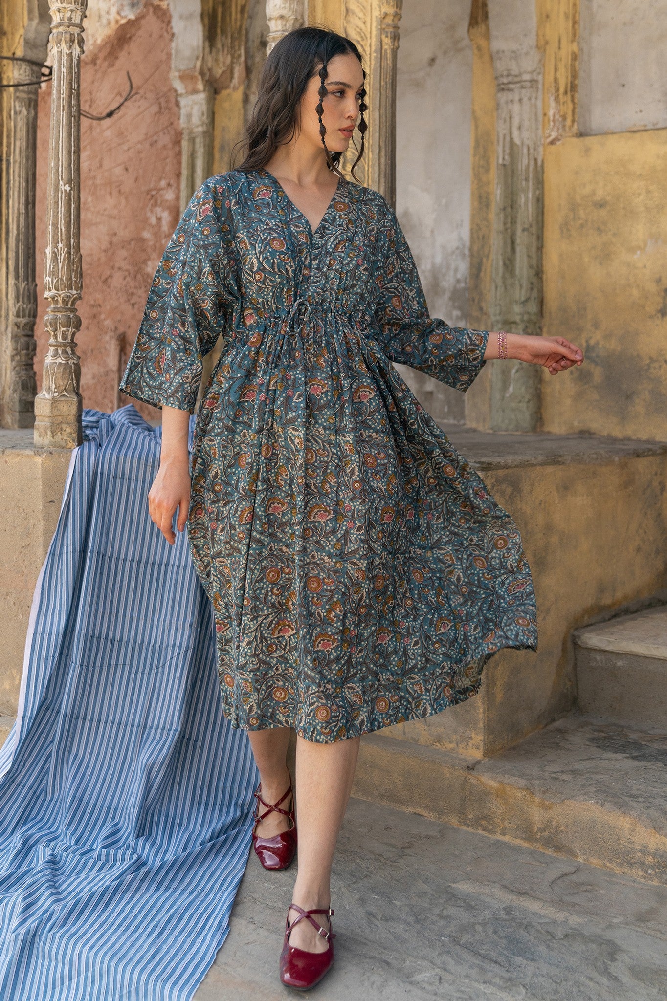 Hand-Block Printed Dot Bloom Floral Summer Loungewear Kaftan Cotton Dress