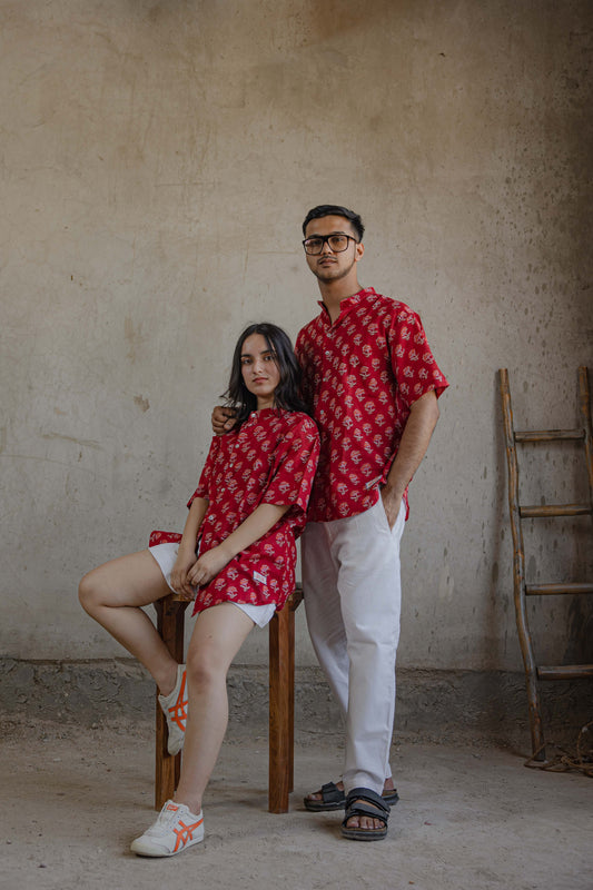 Couple Twinning in Gulaabo Floral Handblock Printed Summer Shirt