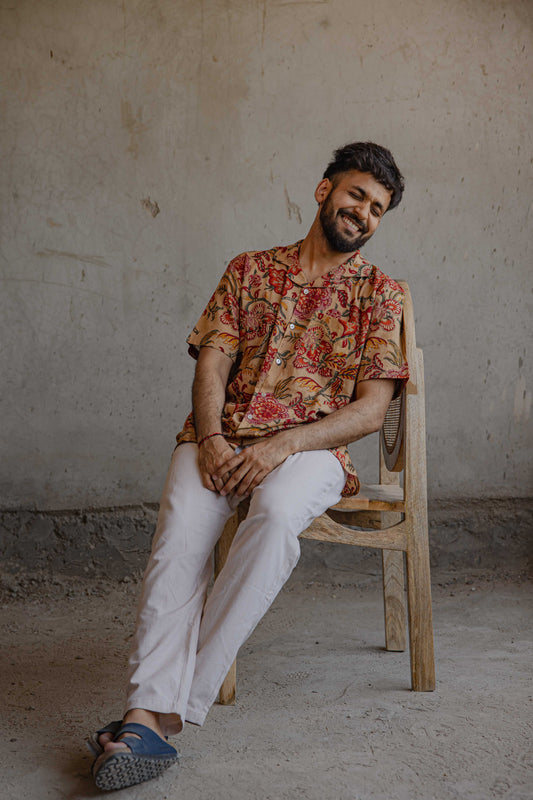 Happiness is wearing our beige floral Marigold handblock printed summer shirt 