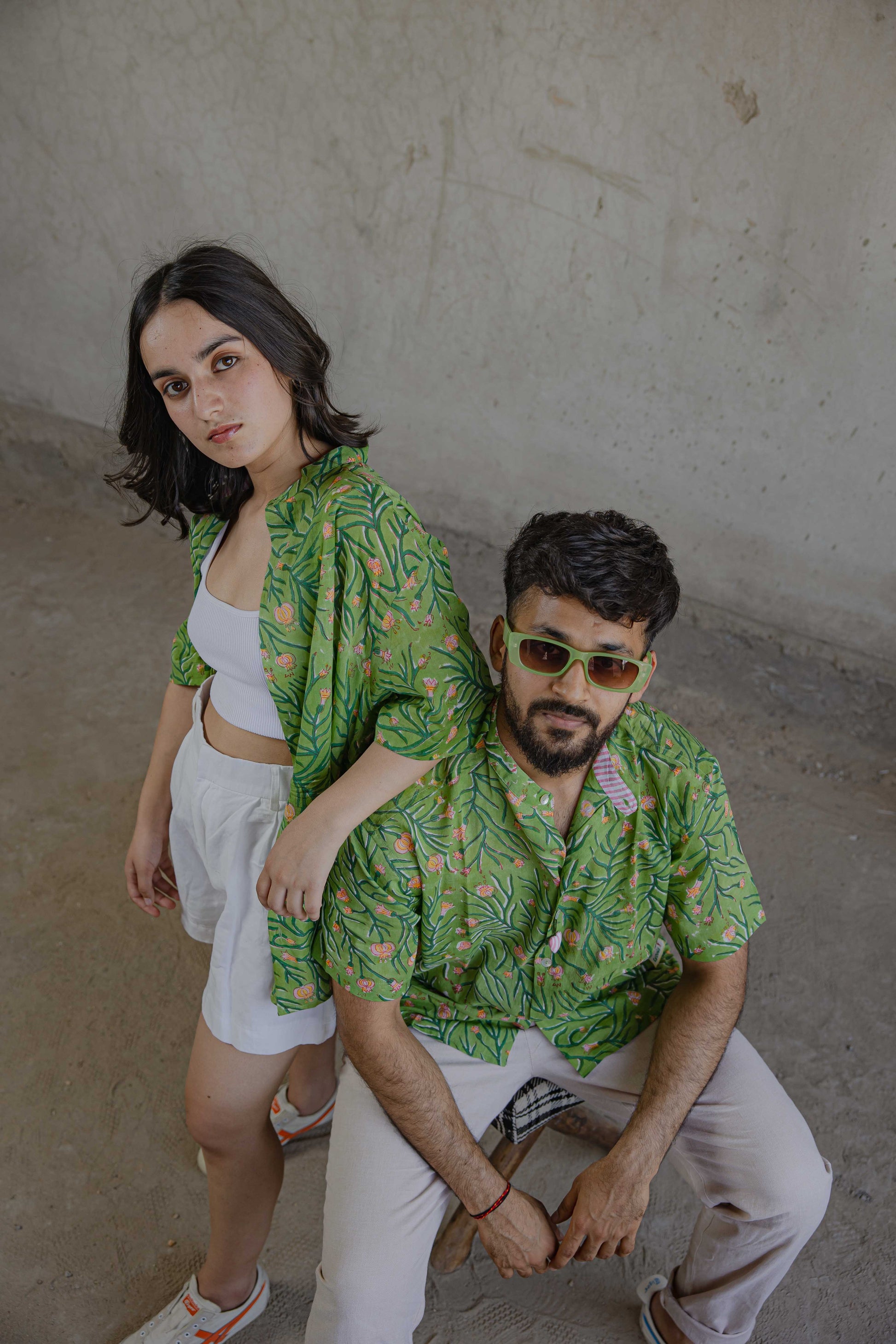 Poppy floral summer shirt styled as overshirt and loose comfort fit by our twinning couple