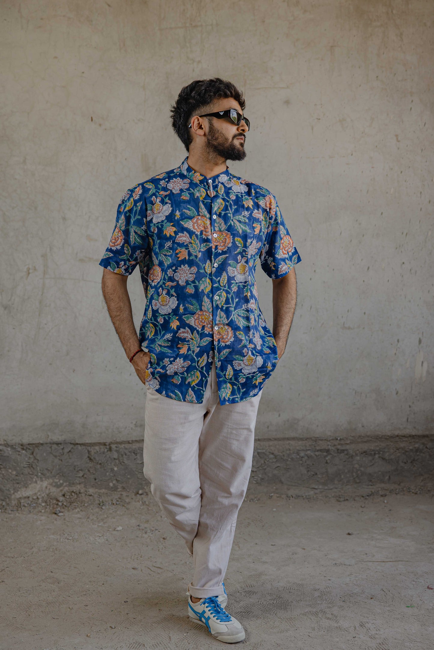 Summer ready male model showing swag in Wildflower blue summer floral shirt