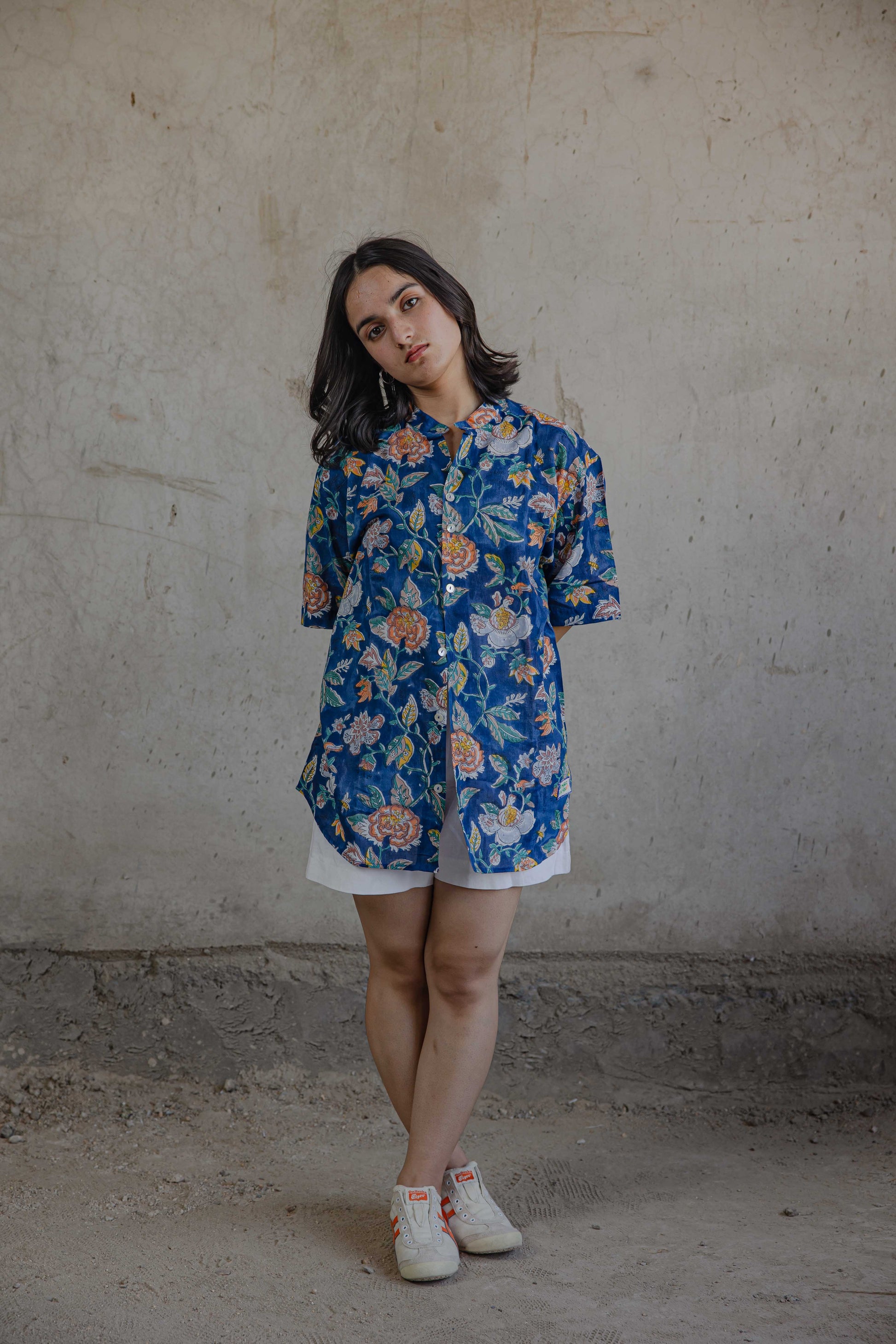 Model showcasing effortless style in soft mulmul wildflower shirt